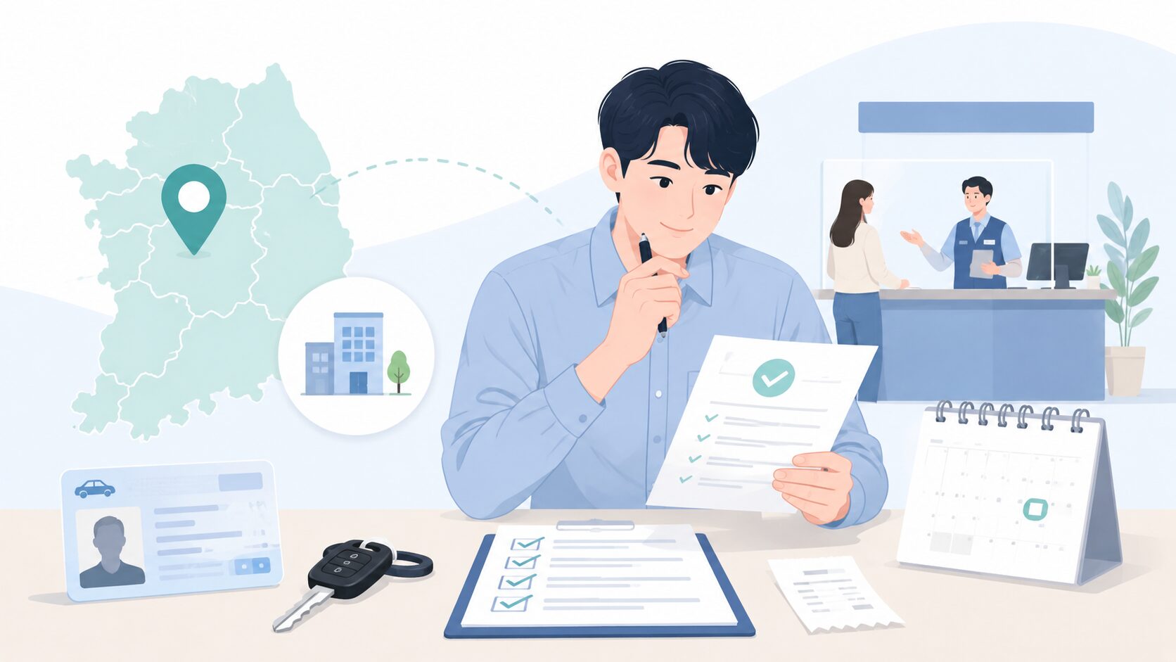 2026 운전면허 지원금 신청 전 조건과 서류를 확인하는 청년 일러스트