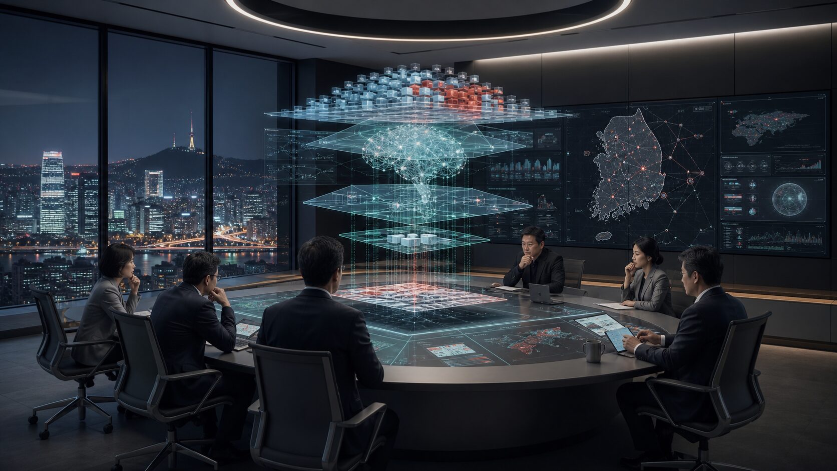 A strategy room in Seoul reviewing AI model access rights and security risks