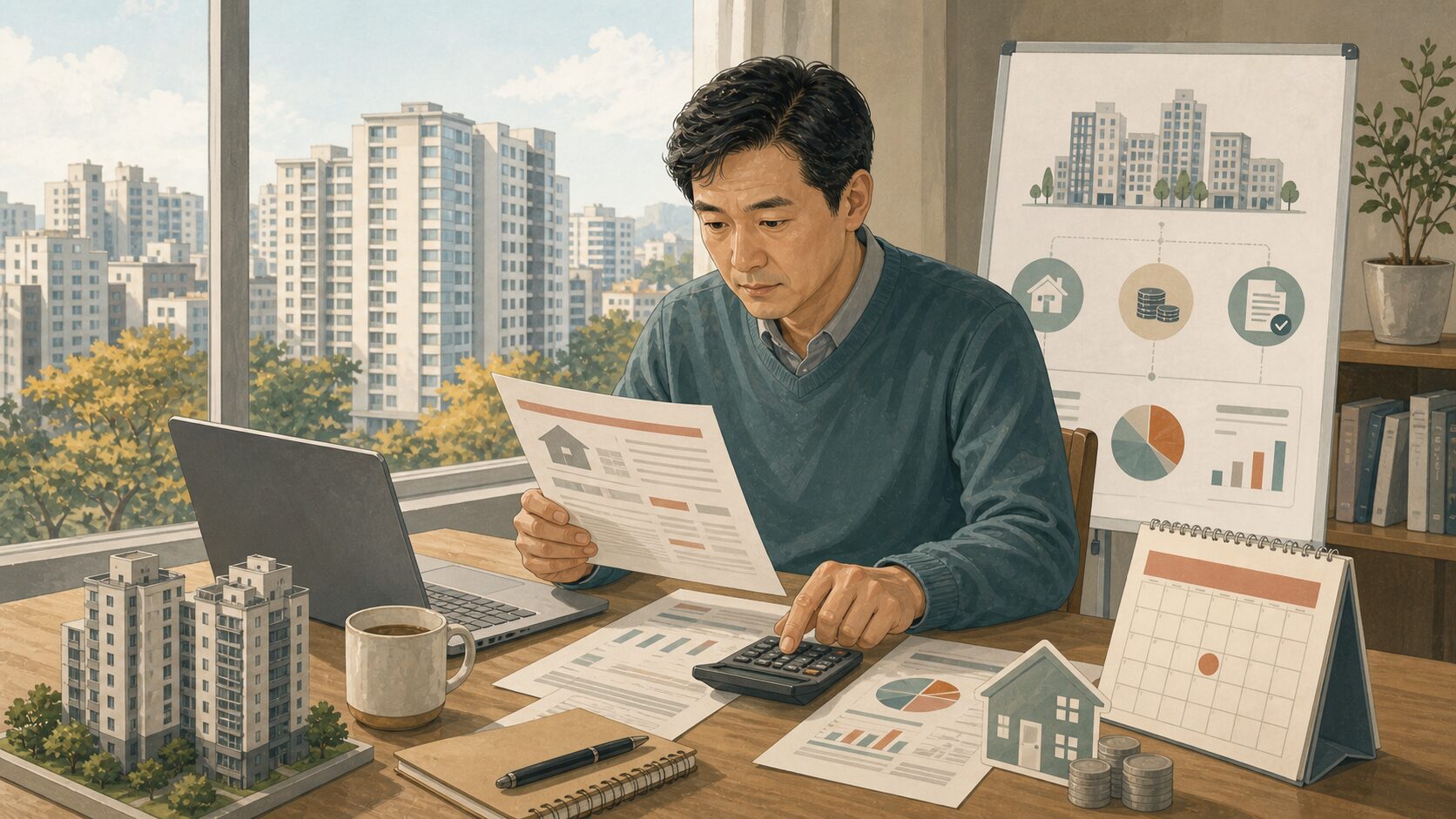 아파트가 보이는 집 안 책상에서 고지서와 계산기를 놓고 보유세를 점검하는 일러스트