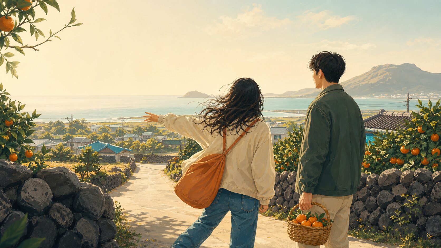 A blog illustration of a dreamer and a quiet guardian standing together in front of the Jeju sea and a tangerine field