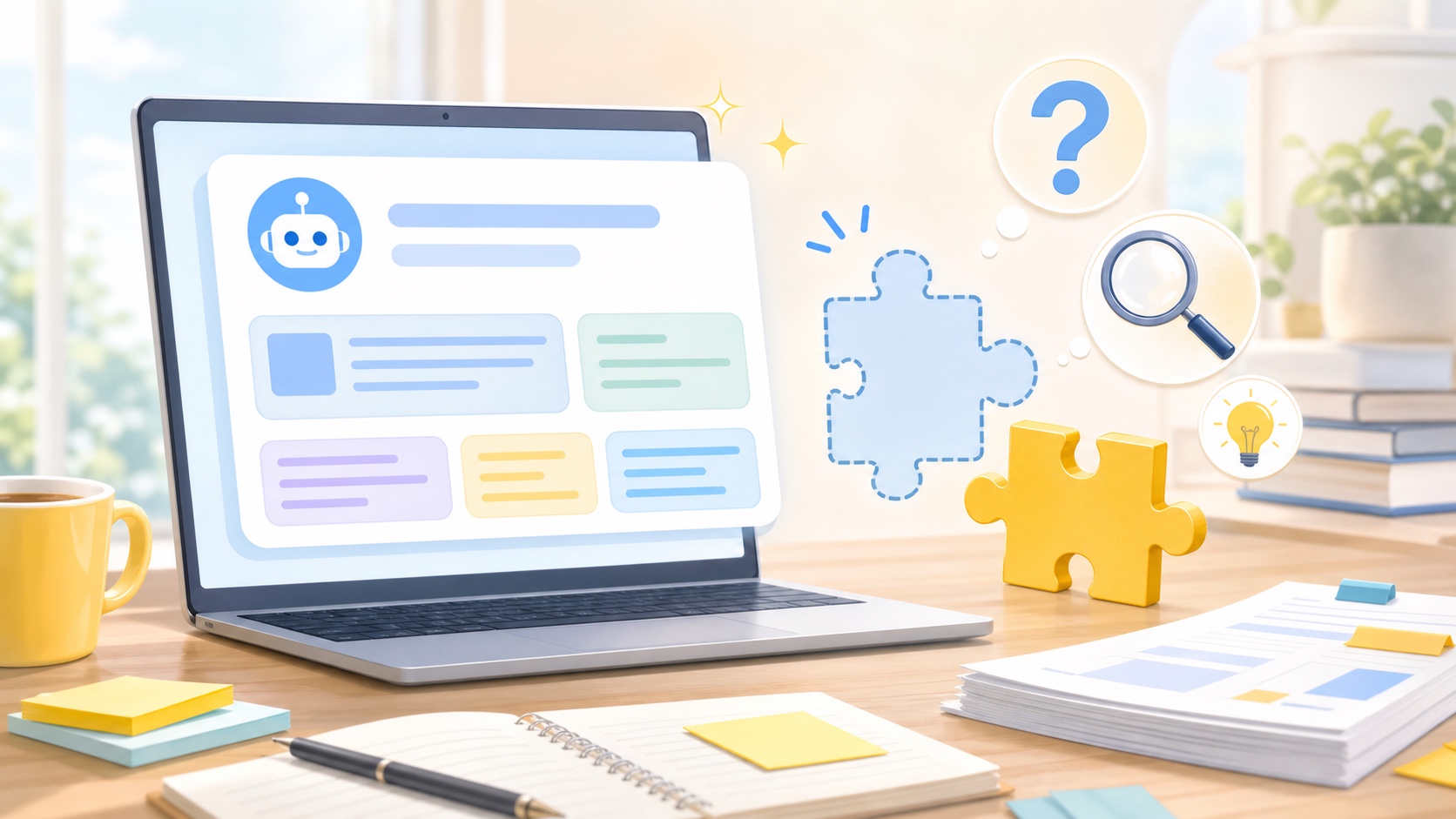 A bright illustration of a polished AI answer with a missing puzzle piece and magnifying glass for verification