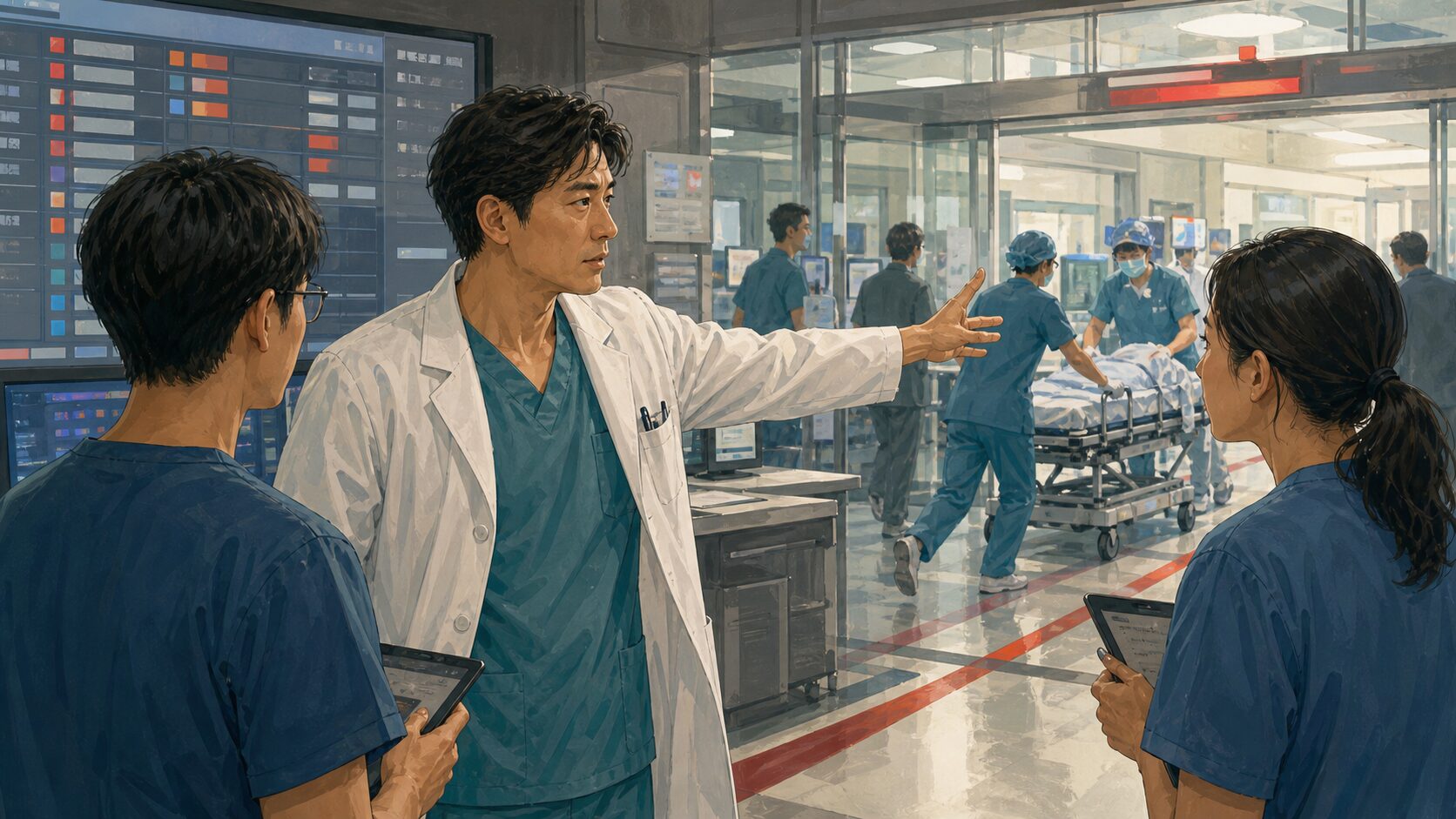 An illustration of a senior trauma doctor giving direction to a team in an emergency command space