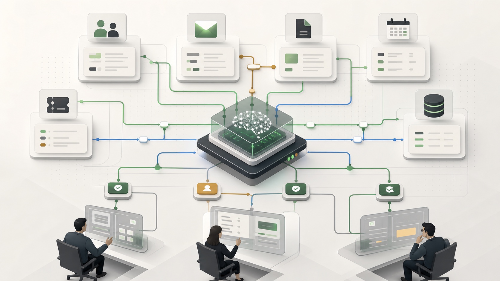 CRM 이메일 문서 캘린더 데이터베이스가 AI 자동화 흐름으로 연결된 개념도