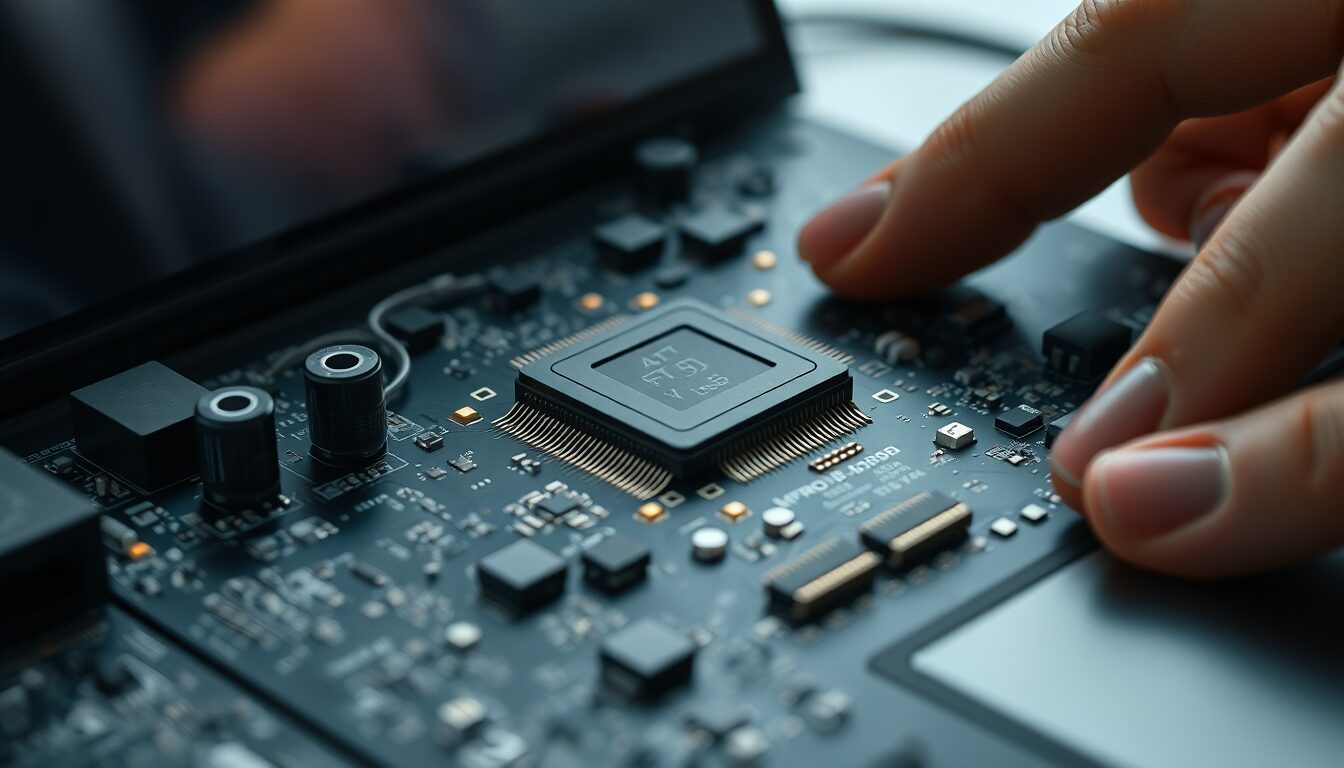 노트북 내부 회로와 AI 가속 칩을 가까이에서 보여주는 실사 이미지