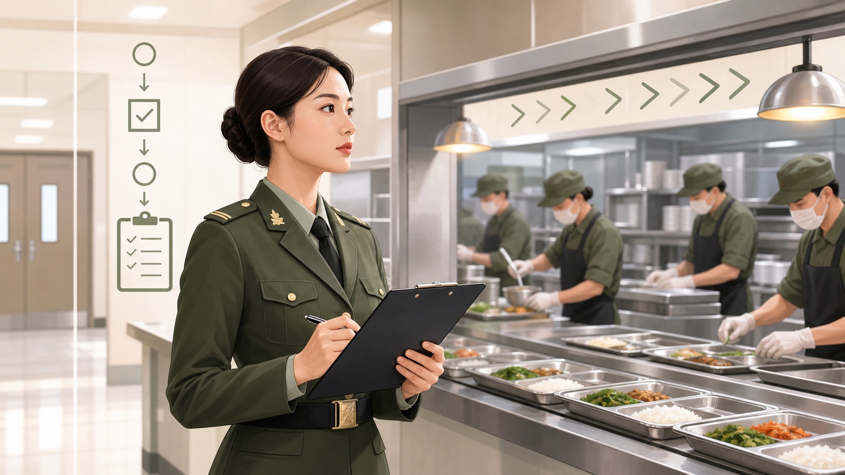 식사 준비 흐름을 점검하는 여성 장교와 정돈된 배식 라인 일러스트