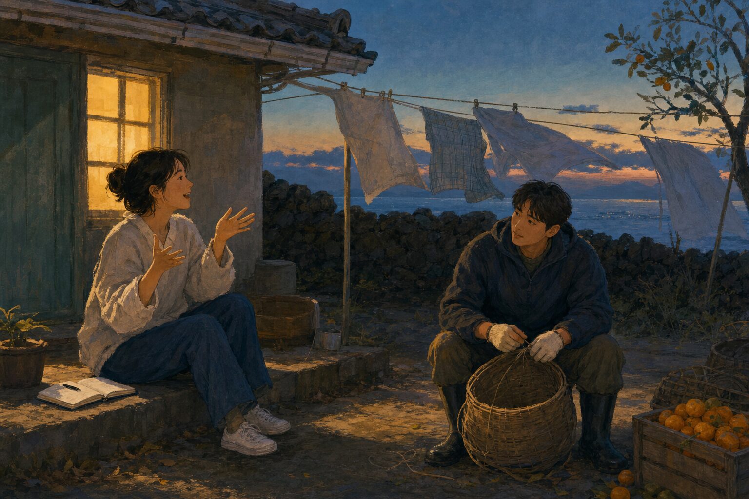 An illustration in a Jeju house courtyard where one person expresses love in words and another quietly shows it through action