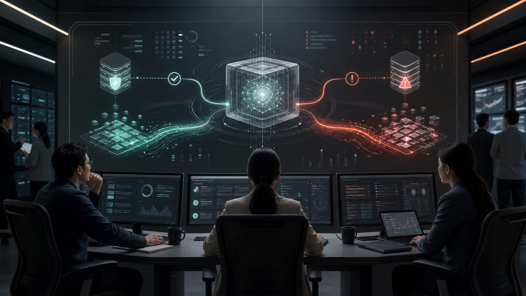 A cyber defense operations room reviewing AI vulnerability findings and patch priorities