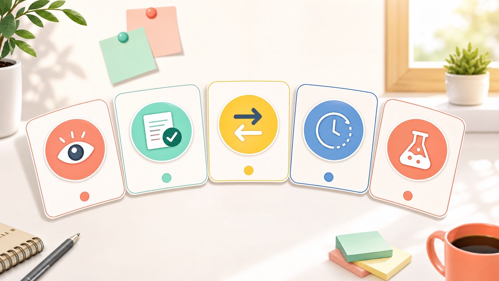 A bright checklist illustration with five icons for observation, evidence, counterpoint, pause, and experiment