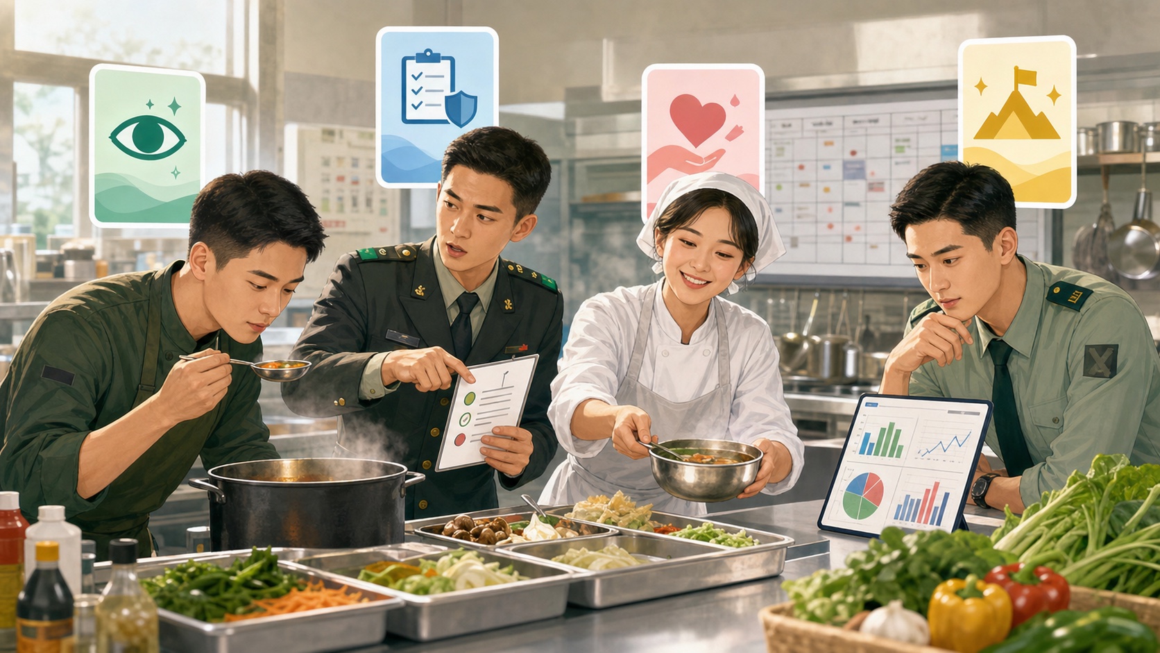 취사장 팀의 네 가지 성향을 보여주는 MBTI 캐릭터 해석 일러스트
