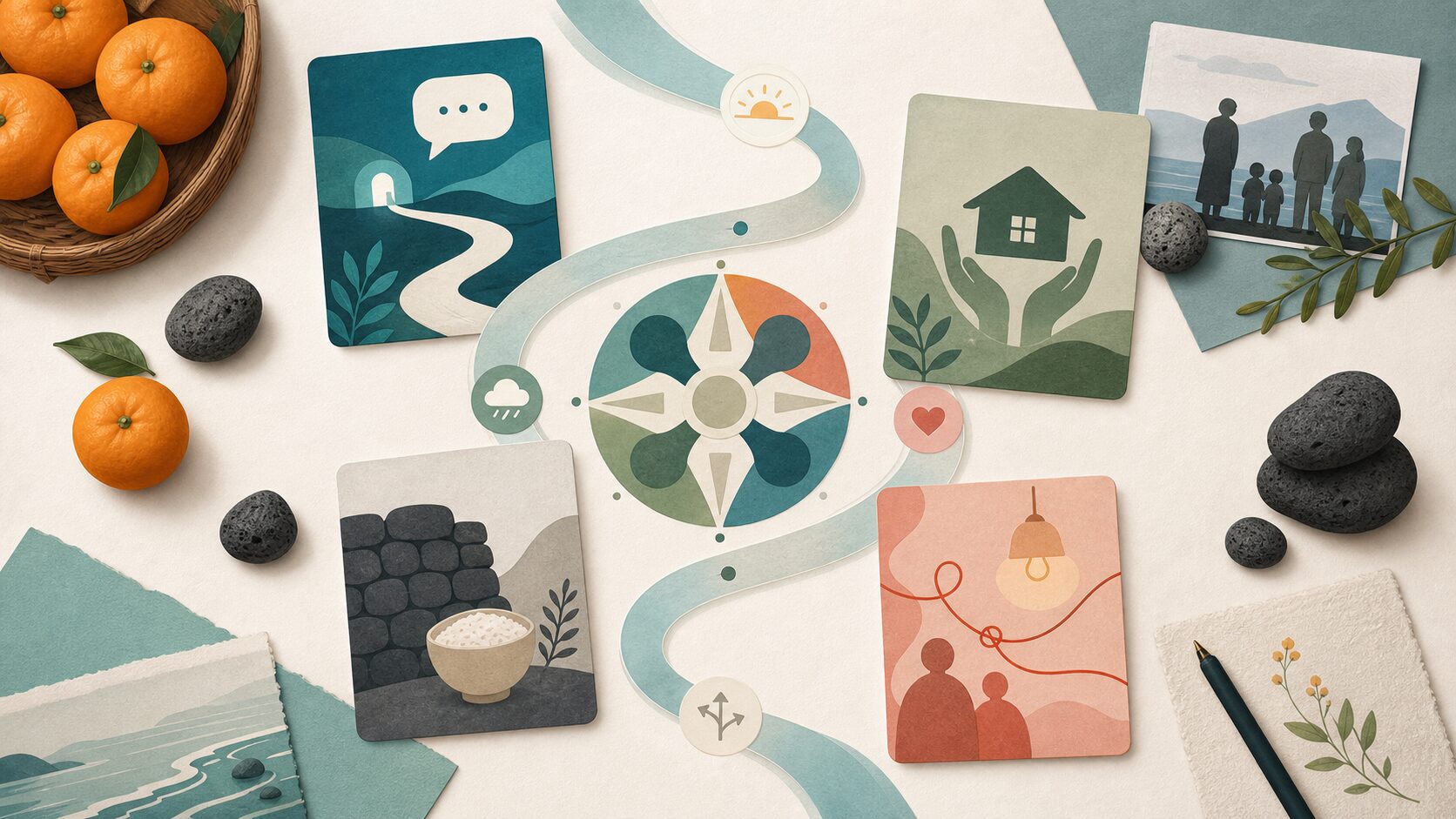 A concept illustration of tangerines, basalt stones, personality cards, and a timeline used as an MBTI interpretation lens