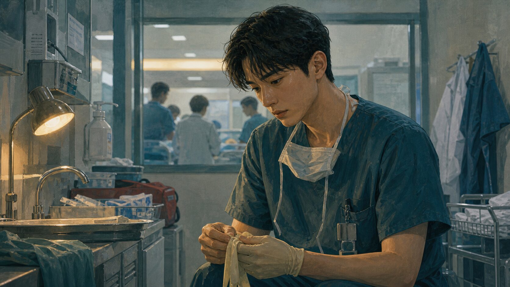 An illustration of a young doctor holding medical gloves and steadying himself under pressure in a hospital preparation room