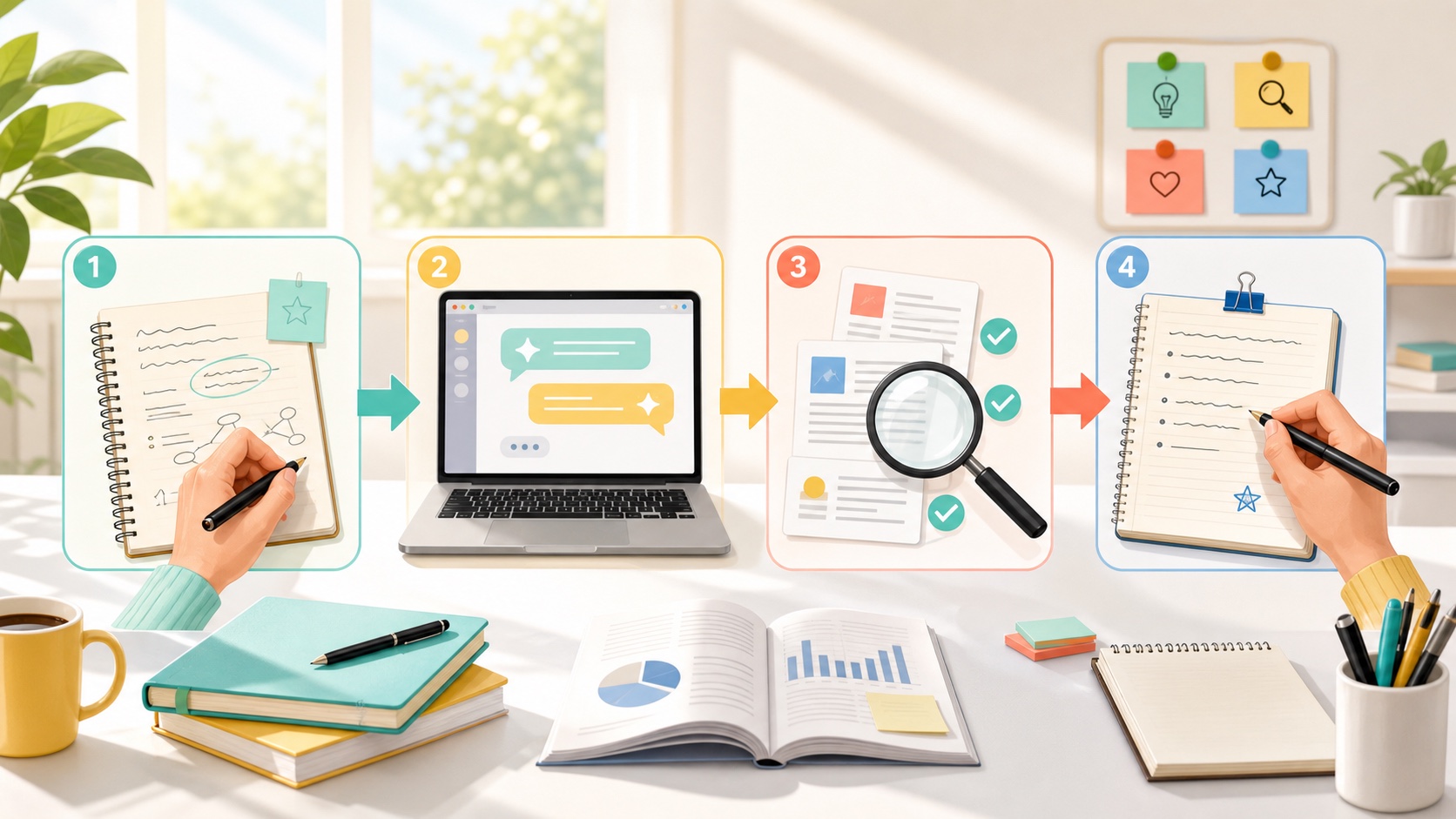 A bright workflow illustration showing drafting, AI review, source checking, and final human judgment