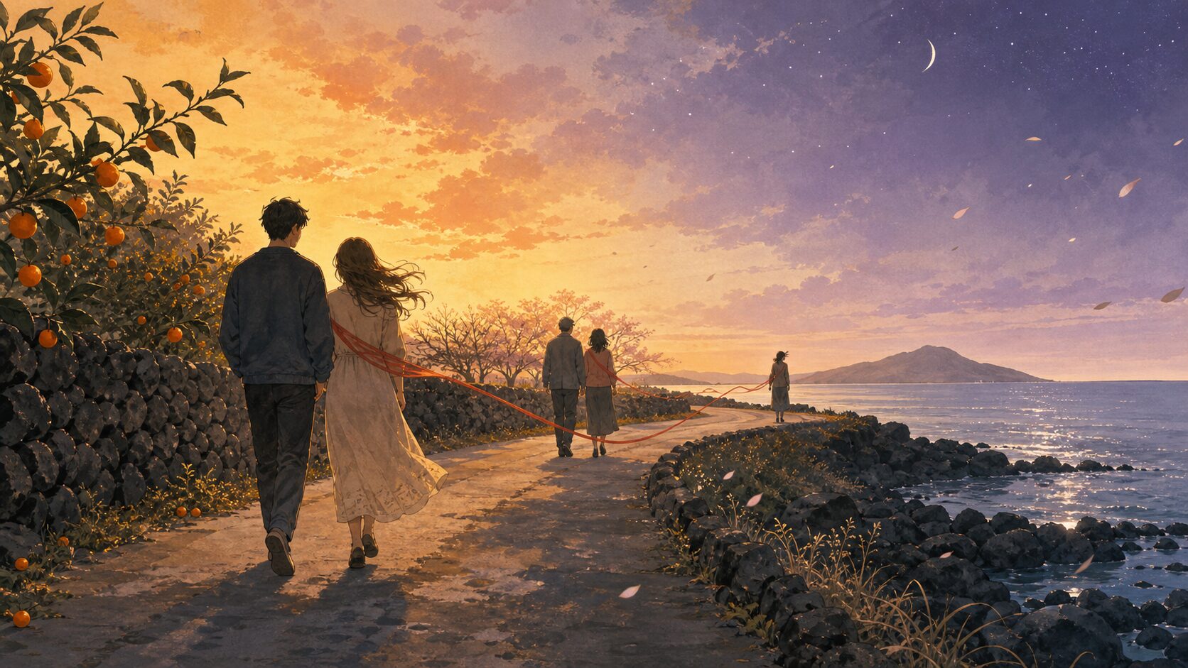 An illustration of characters from different generations connected along a Jeju coastal path through the passage of time