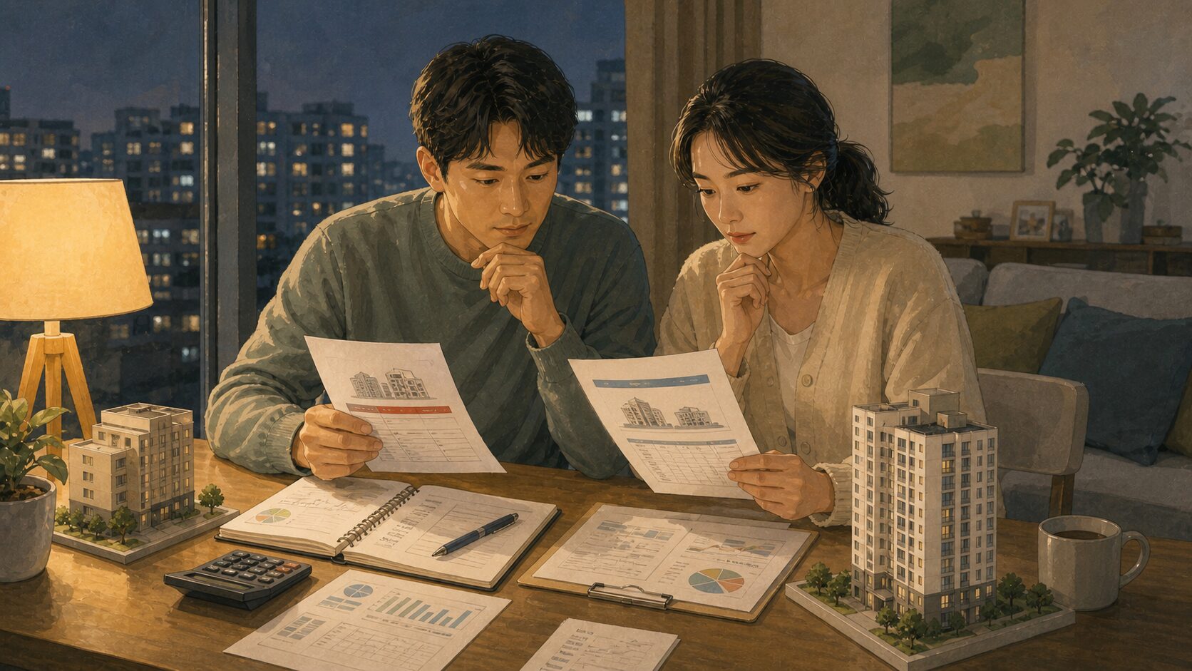 저녁 집 안에서 가족이 아파트 보유세 관련 문서를 비교하며 점검하는 일러스트
