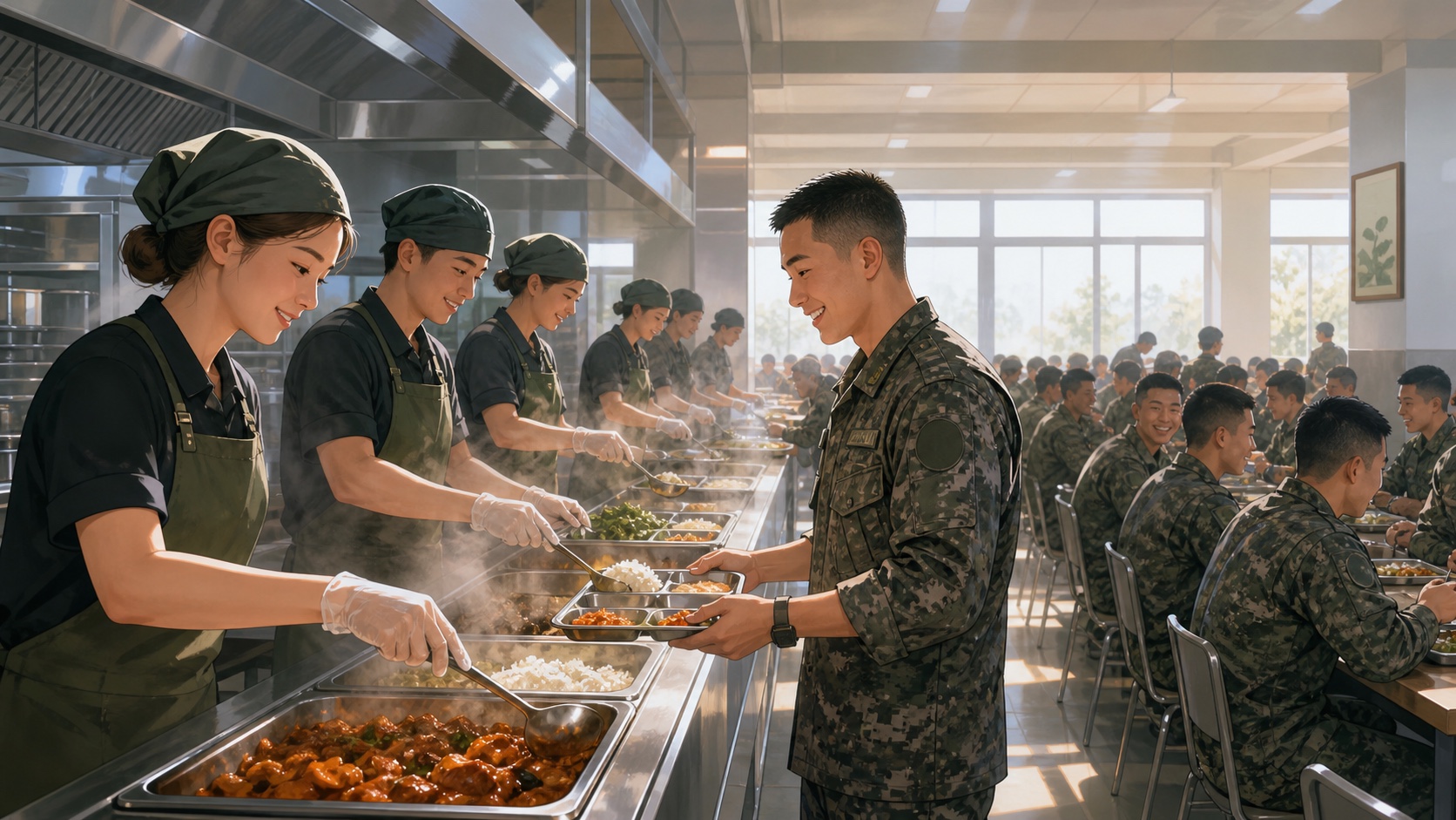 군 식당 배식 라인에서 취사장 팀이 식사를 나누는 일러스트