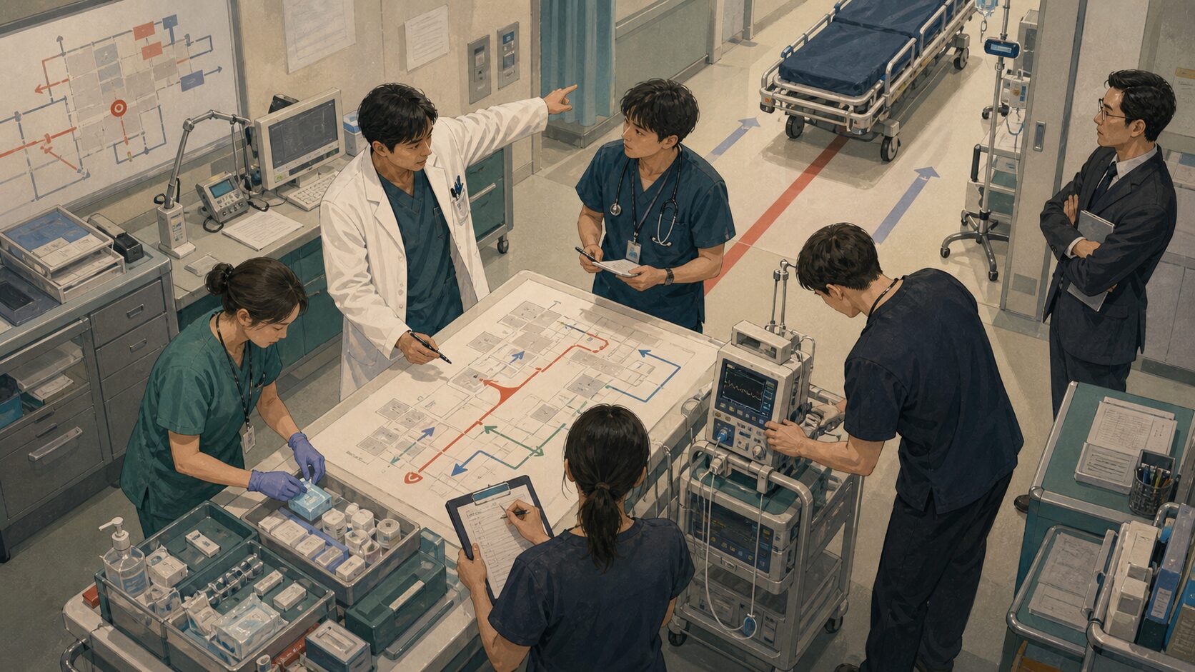 An illustration of a trauma team dividing roles around equipment and movement lines during a hospital briefing