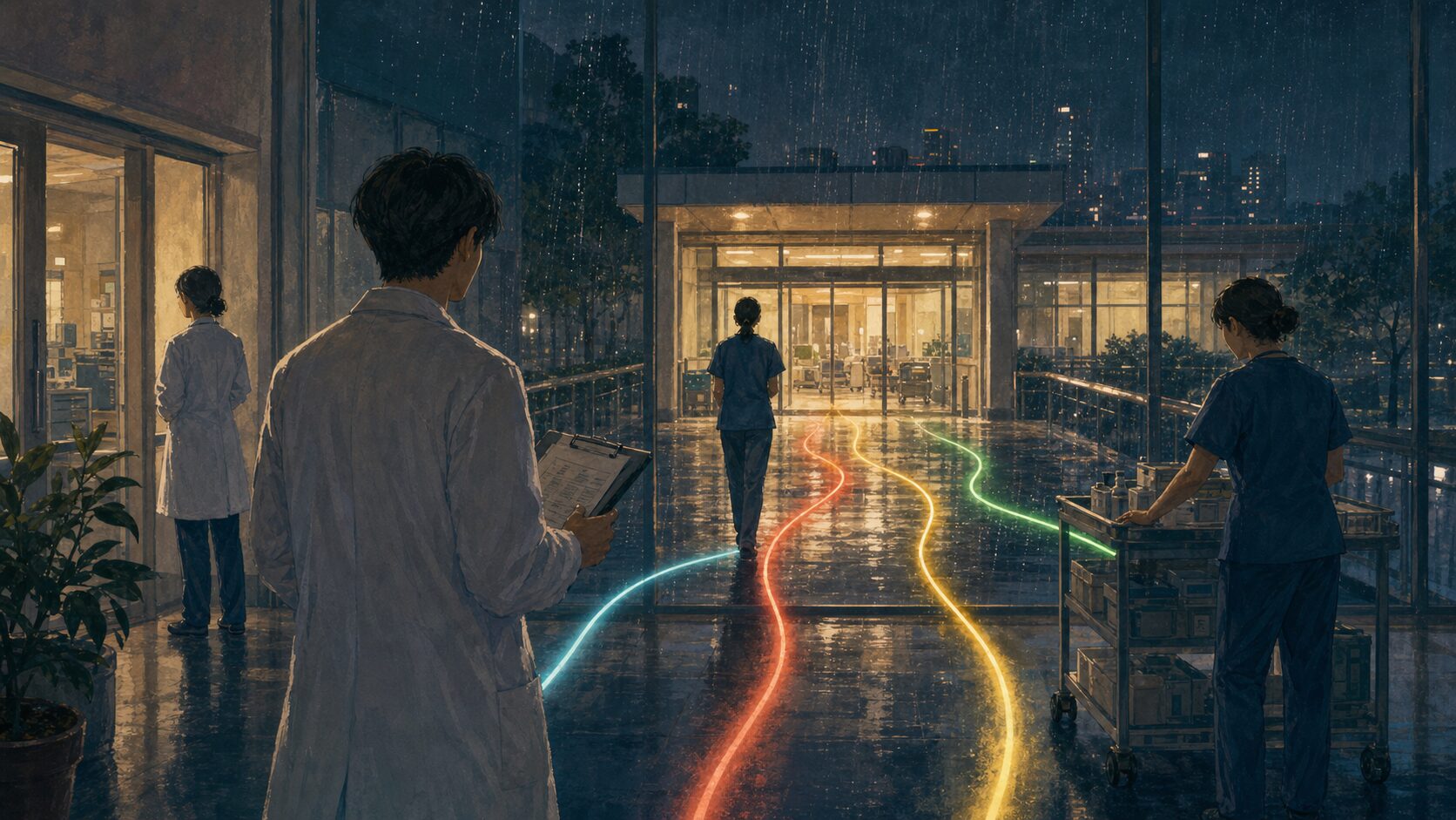 An illustration of different medical staff roles connected by lines of light toward a hospital entrance on a rainy night