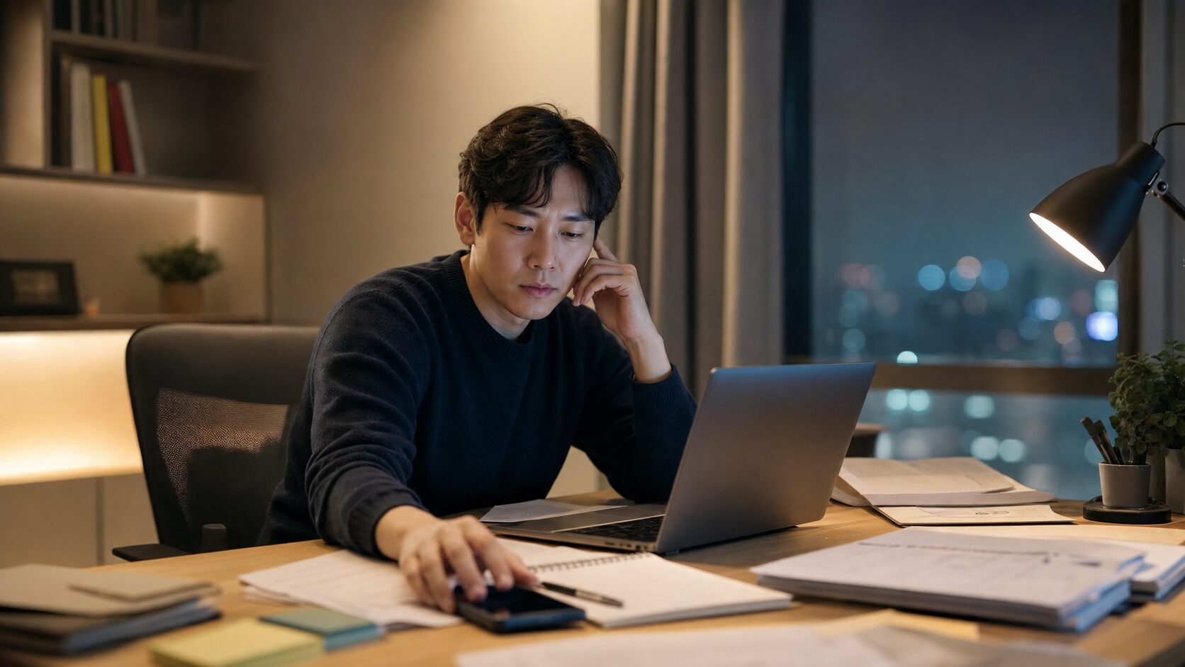 저녁 시간 책상 앞에서 업무와 스마트폰 사이에 흔들리는 직장인
