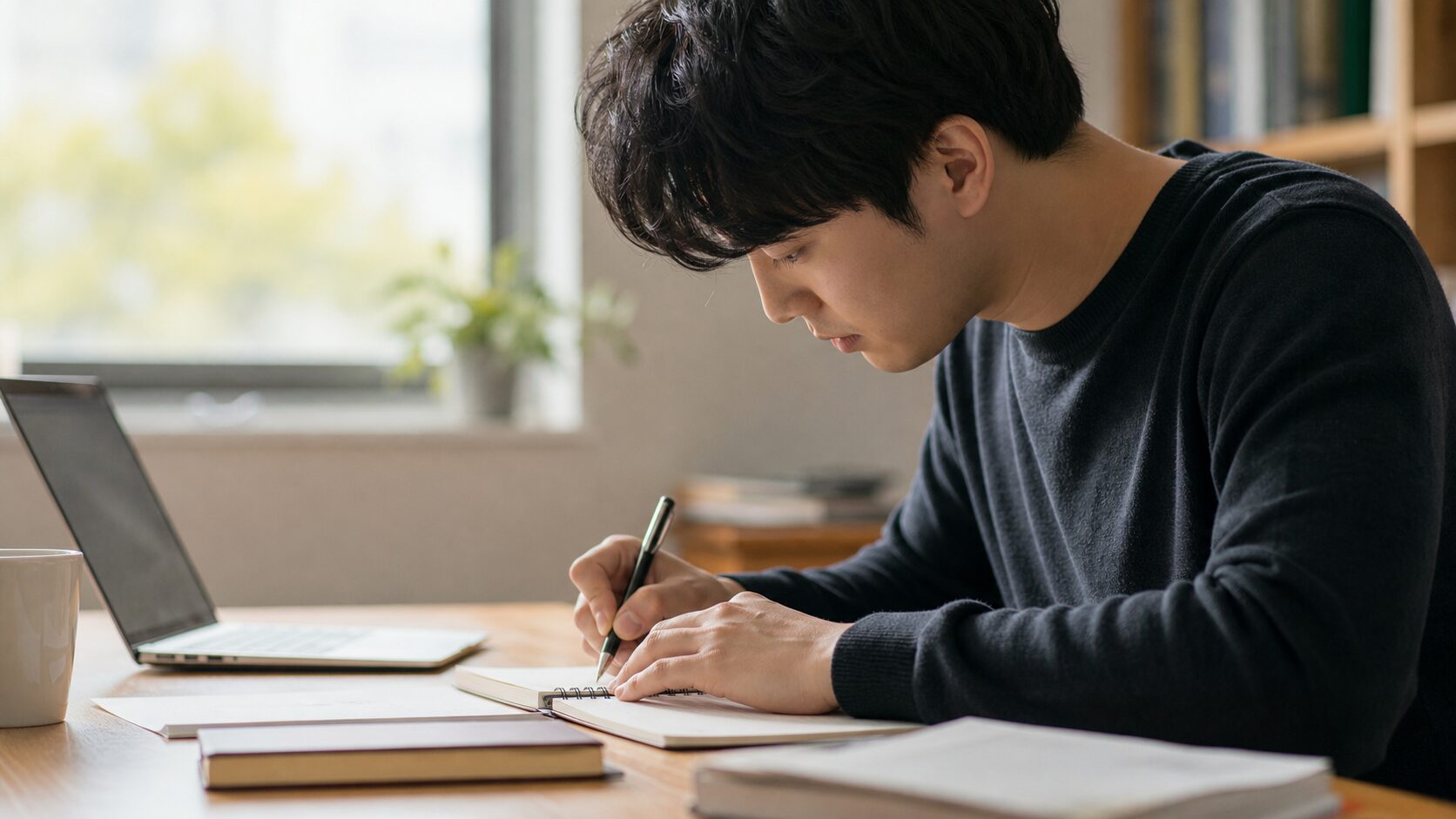 적당히 어려운 과제에 집중하며 노트에 쓰고 있는 직장인