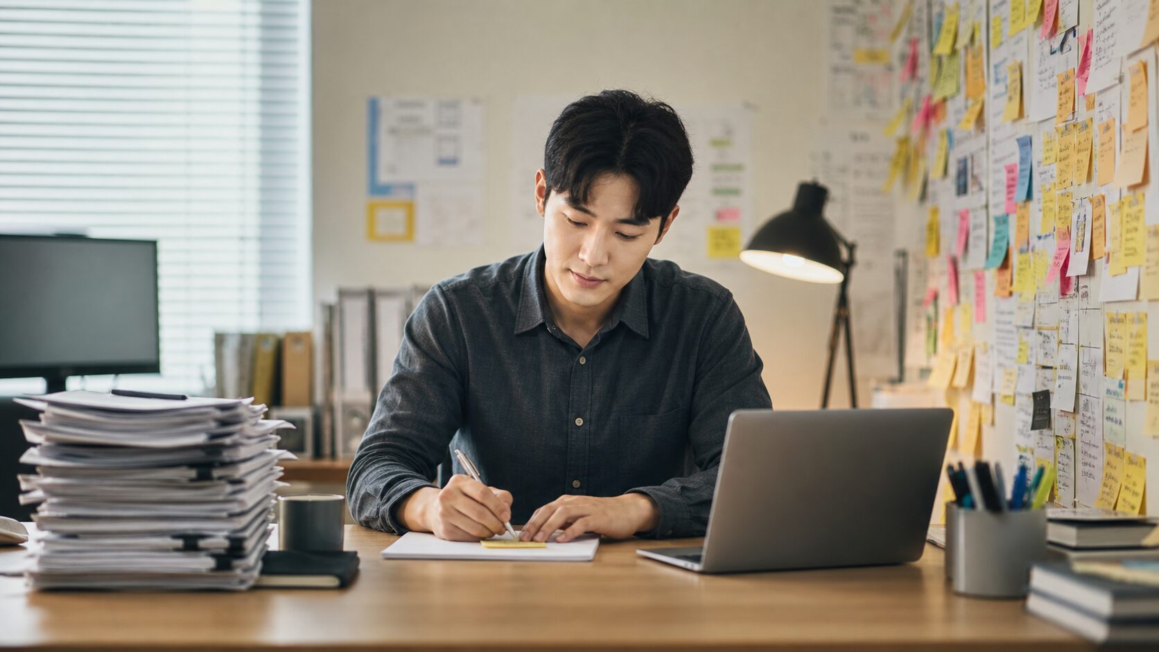 복잡한 업무 환경 속에서 작은 다음 단계를 정리하는 직장인