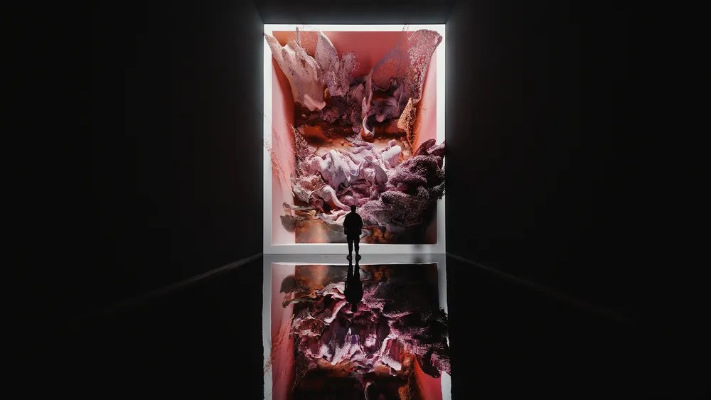 DATALAND의 The Sanctuary 전시 공간, 관람객 실루엣과 대형 생성 이미지