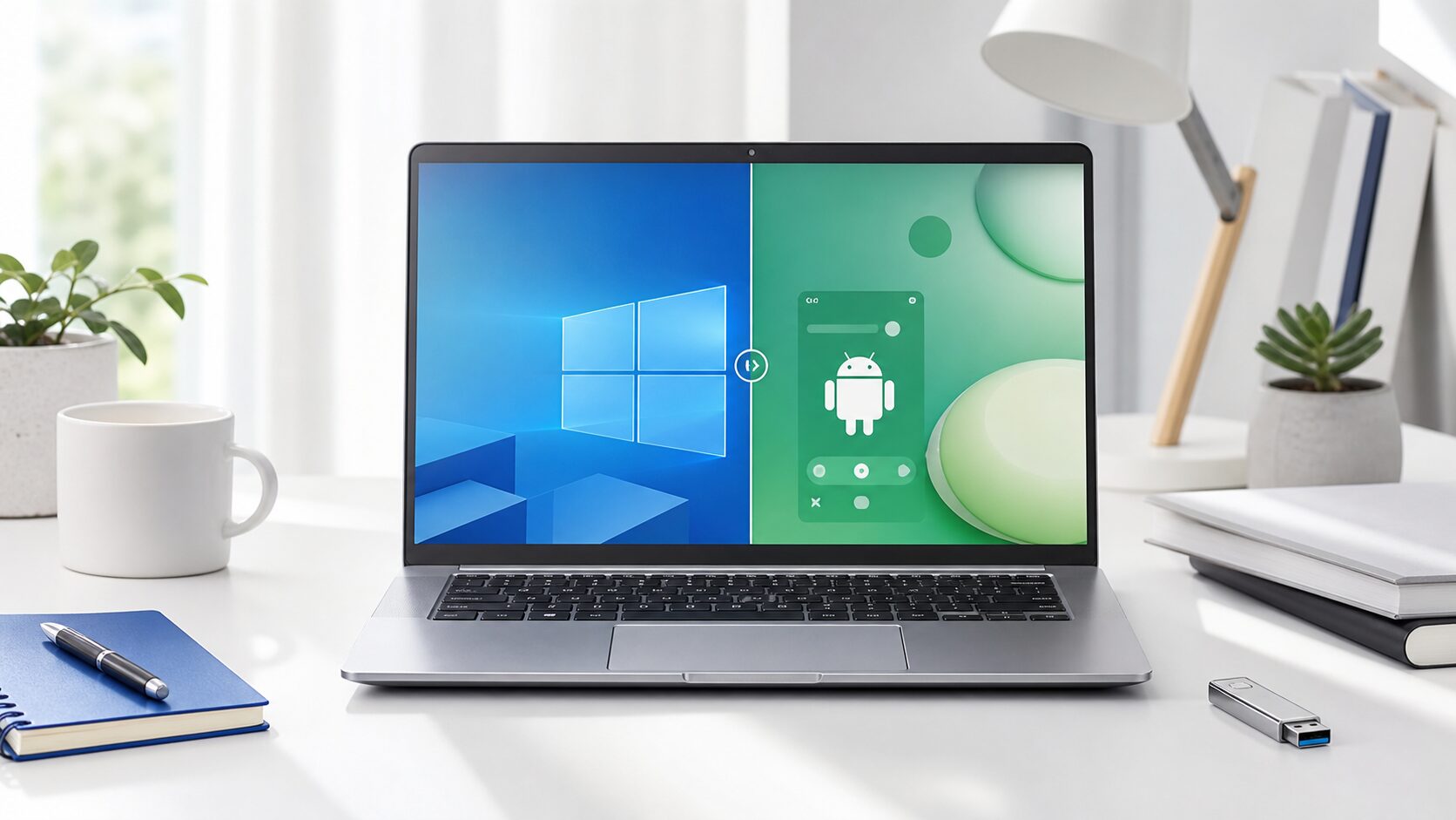 밝은 책상 위 노트북 화면에 Windows와 Android 듀얼부팅 개념이 나뉘어 표현된 이미지