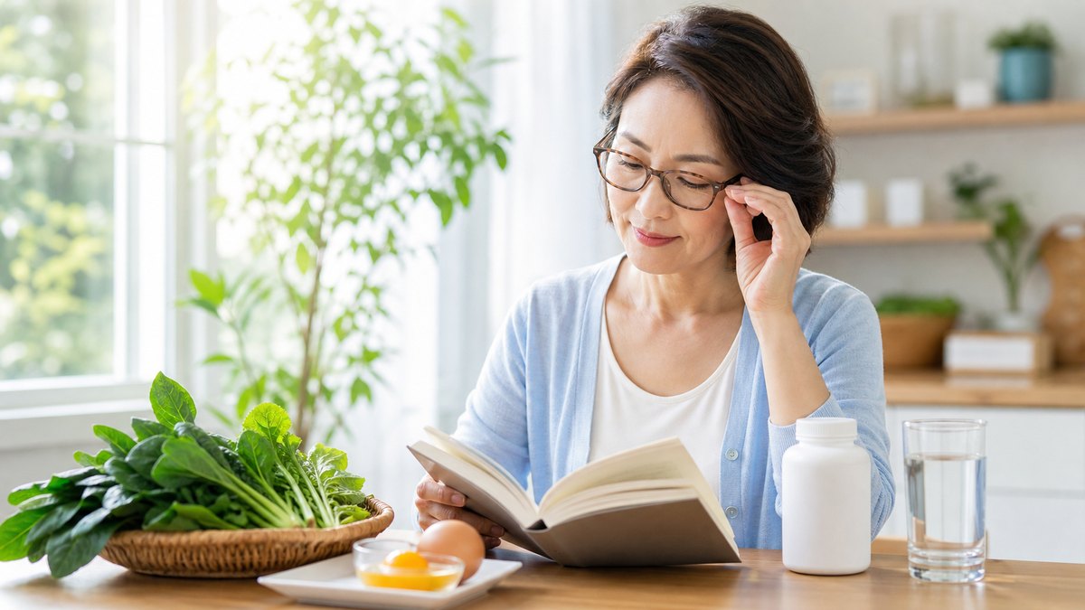 밝은 식탁에서 독서용 안경을 쓴 중년 여성이 책을 읽고 루테인 식품과 눈 영양제를 함께 둔 이미지