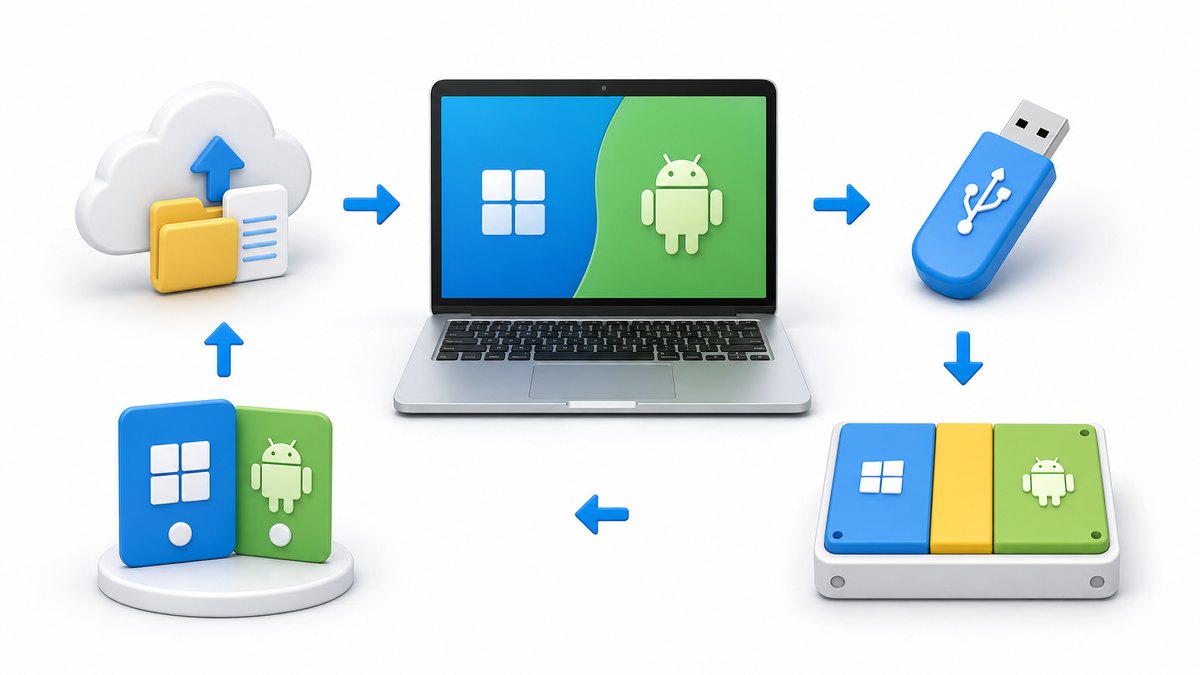 백업, USB 부팅, 파티션, 부팅 메뉴로 이어지는 Android OS 듀얼부팅 설치 흐름 이미지