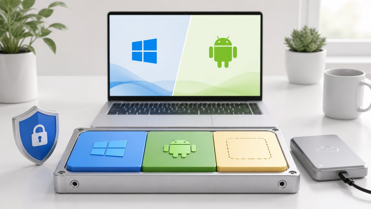 Windows와 Android 설치 공간, 여유 공간이 색상 블록으로 나뉜 밝은 디스크 파티션 이미지