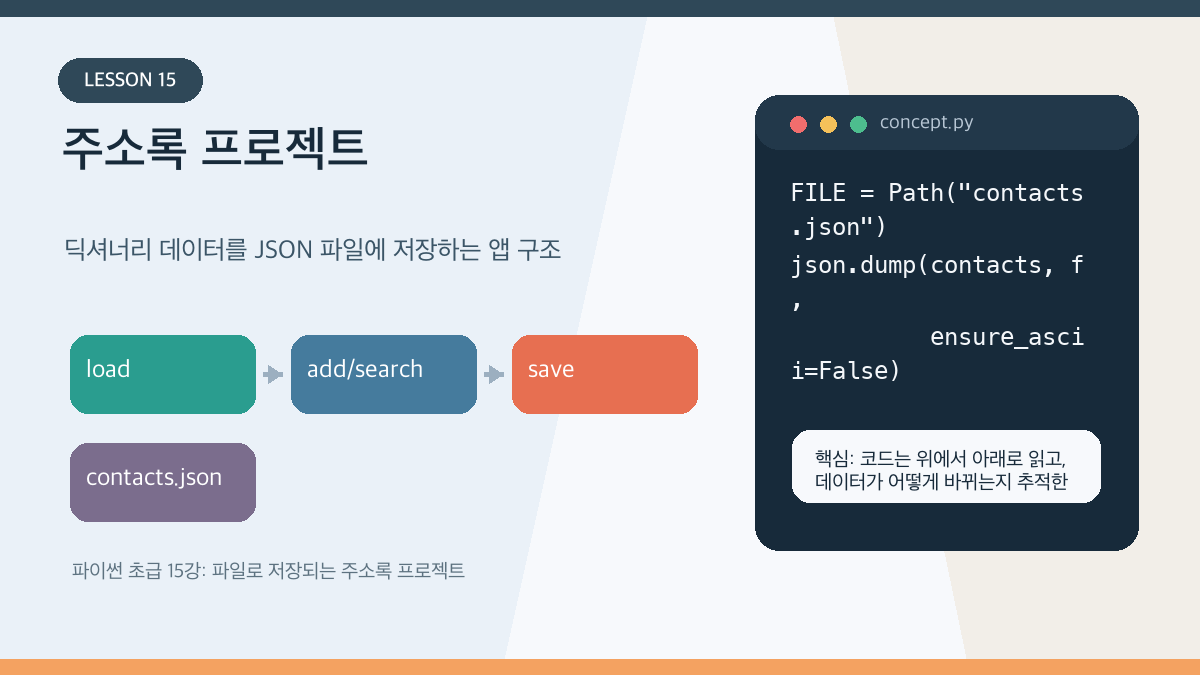 파이썬 초급 15강: 파일로 저장되는 주소록 프로젝트