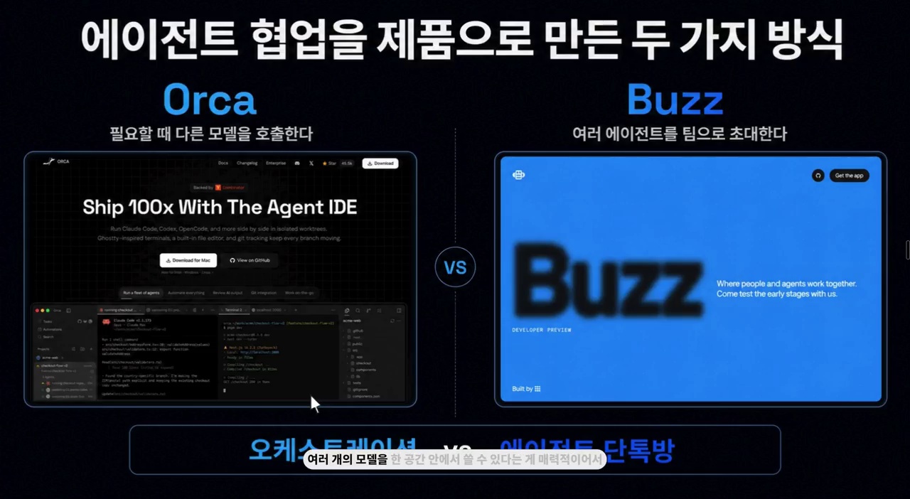 Orca와 Buzz의 에이전트 협업 방식을 비교하는 영상