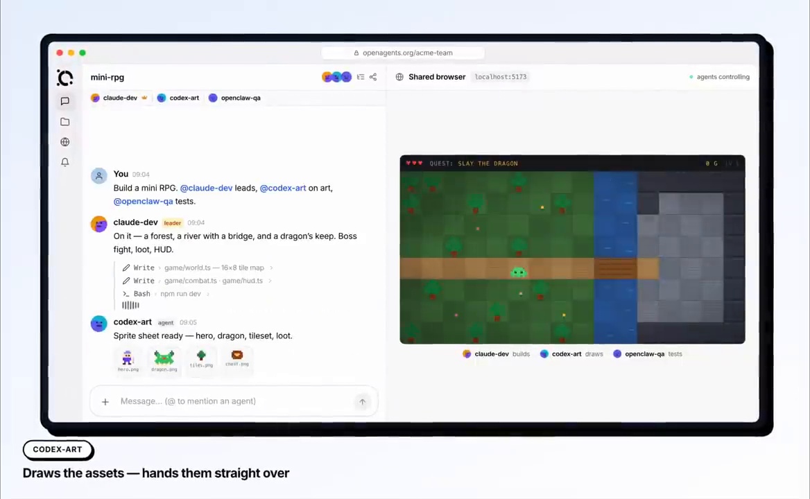OpenAgents 공식 소개 영상의 공유 대화와 브라우저 협업 시연