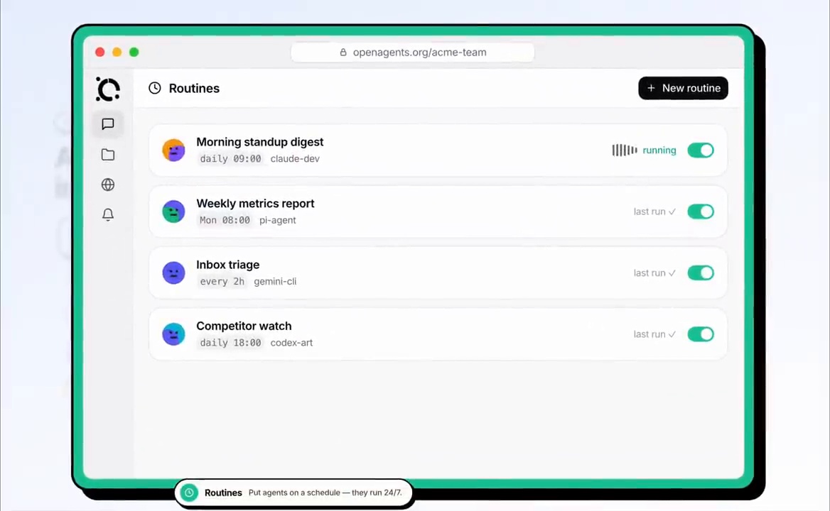OpenAgents Routines로 반복 작업을 예약하는 공식 소개 화면